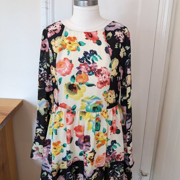 Asos Style London Patchwork Colorblock Floral Long Sleeve Dress - New, NWT - Picture 2 of 16